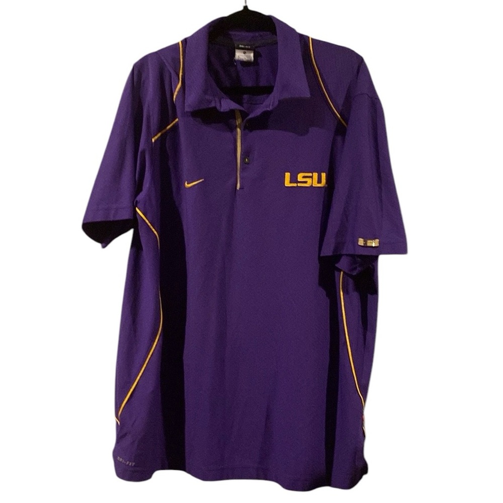 Nike Dri Fit LSU Tigers Logo Golf Polo Purple Shirt With Gold Swoosh Size XL